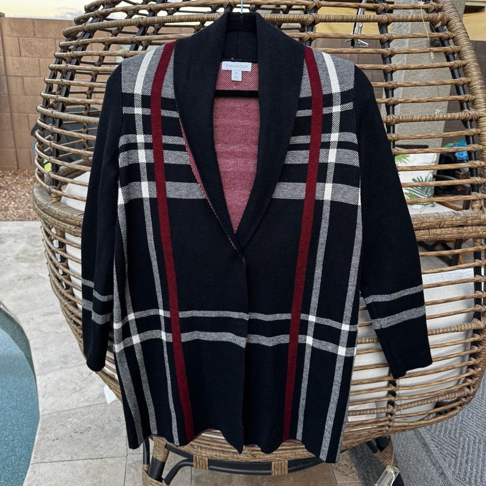 Charter Club Black,Red,White Plaid Long Cardigan XS‎